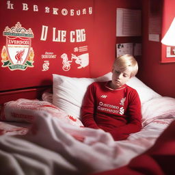 A 13-year-old blonde boy, a Liverpool FC fan, wearing a Liverpool FC jersey, sleeping peacefully at night