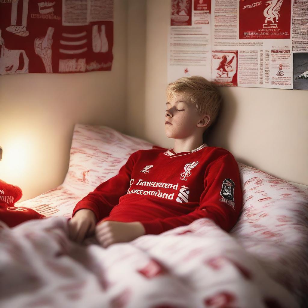 A 13-year-old blonde boy, a Liverpool FC fan, wearing a Liverpool FC jersey, sleeping peacefully at night