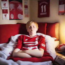 A 13-year-old blonde boy, a Liverpool FC fan, wearing a Liverpool FC jersey, sleeping peacefully at night