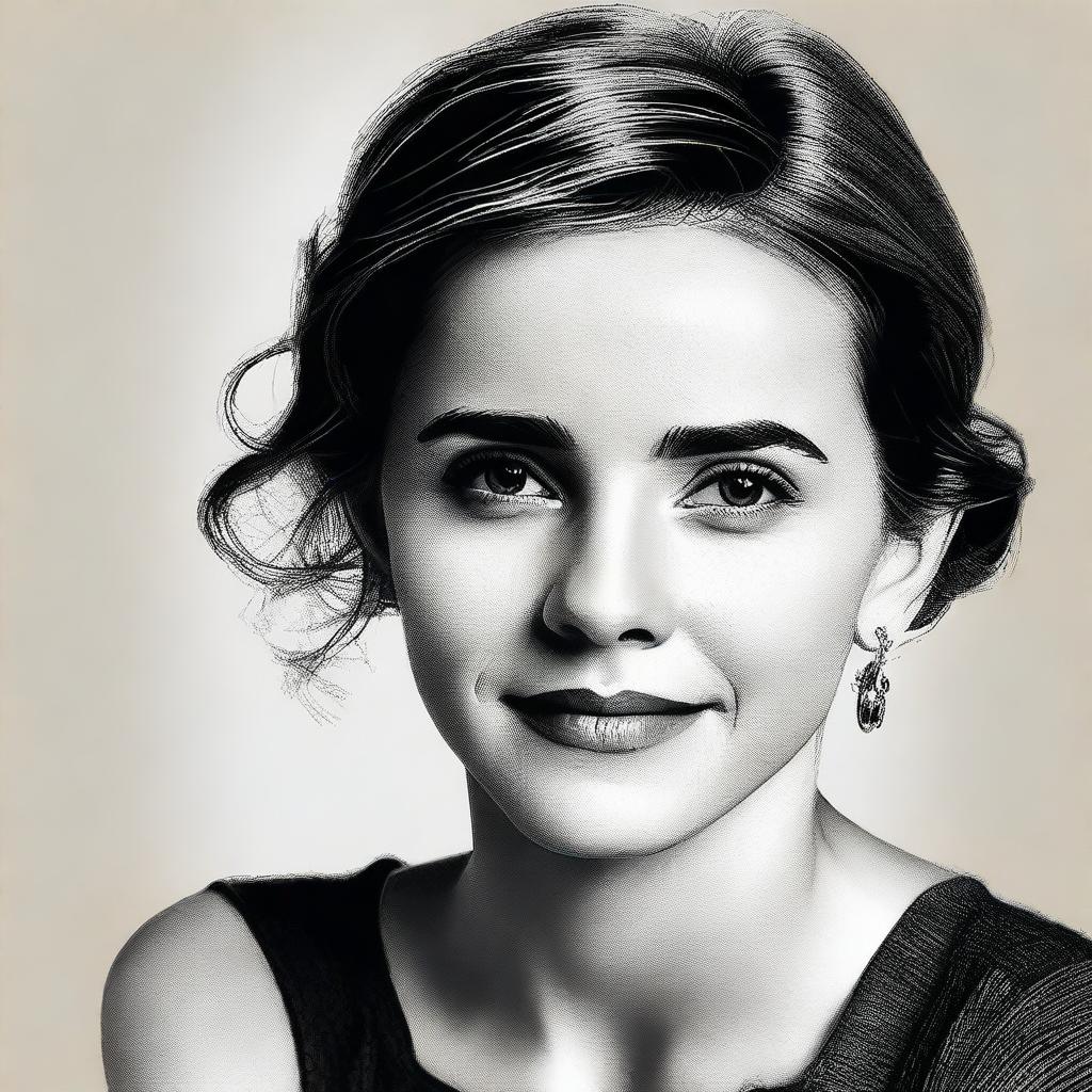 A realistic portrait of Emma Watson, capturing her elegance and charm with a warm and gentle expression