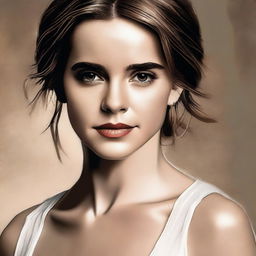 A realistic portrait of Emma Watson, capturing her elegance and charm with a warm and gentle expression