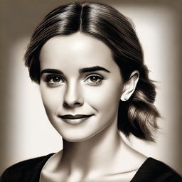 A realistic portrait of Emma Watson, capturing her elegance and charm with a warm and gentle expression