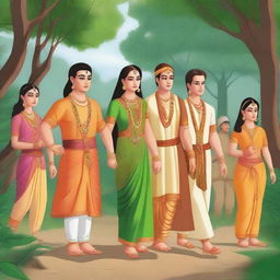 Ram, Laxman, and Sita ji are embarking on a journey to the forest, accompanied by 10 managers walking in a row behind them