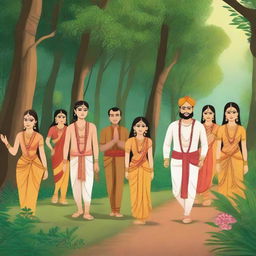 Ram, Laxman, and Sita ji are embarking on a journey to the forest, accompanied by 10 managers walking in a row behind them