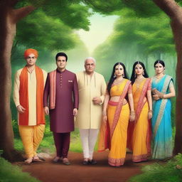 Ram, Laxman, and Sita ji are embarking on a journey to the forest, accompanied by 10 managers dressed in formal attire