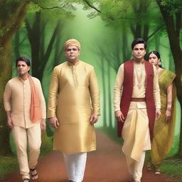 Ram, Laxman, and Sita ji are embarking on a journey to the forest, accompanied by 10 managers dressed in formal attire