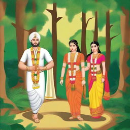 Ram, Laxman, and Sita ji are embarking on a journey to the forest, accompanied by 10 managers in business suits