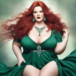 A gorgeous, plus-sized woman with emerald eyes and long, luscious red hair flowing down past her hips