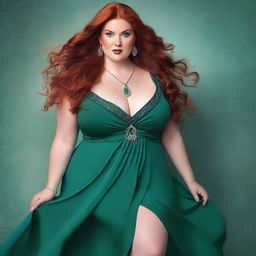 A gorgeous, plus-sized woman with emerald eyes and long, luscious red hair flowing down past her hips