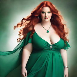 A gorgeous, plus-sized woman with emerald eyes and long, luscious red hair flowing down past her hips