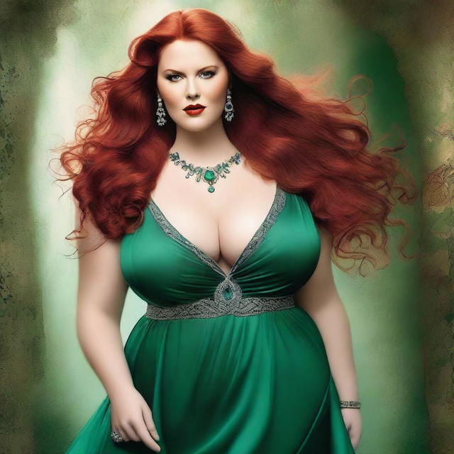 A gorgeous, plus-sized woman with emerald eyes and long, luscious red hair flowing down past her hips