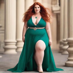 A gorgeous, plus-sized woman with emerald eyes and long, luscious red hair flowing down past her hips, almost reaching her knees