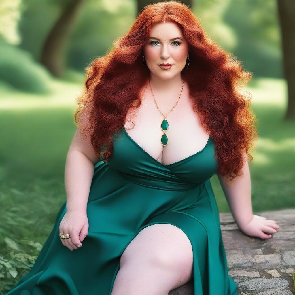 A gorgeous, plus-sized woman with emerald eyes and long, luscious red hair flowing down past her hips, almost reaching her knees