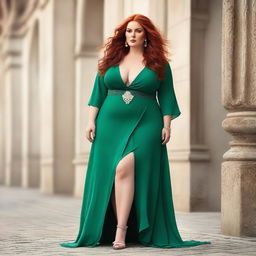 A gorgeous, plus-sized woman with emerald eyes and long, luscious red hair flowing down past her hips, almost reaching her knees