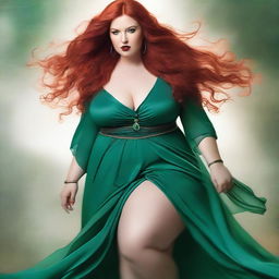 A gorgeous, plus-sized woman with emerald eyes and extremely long, luscious red hair flowing down past her knees, almost touching the ground