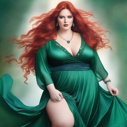 A gorgeous, plus-sized woman with emerald eyes and extremely long, luscious red hair flowing down past her knees, almost touching the ground