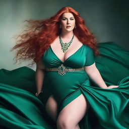 A gorgeous, plus-sized woman with emerald eyes and extremely long, luscious red hair flowing down past her knees, almost touching the ground