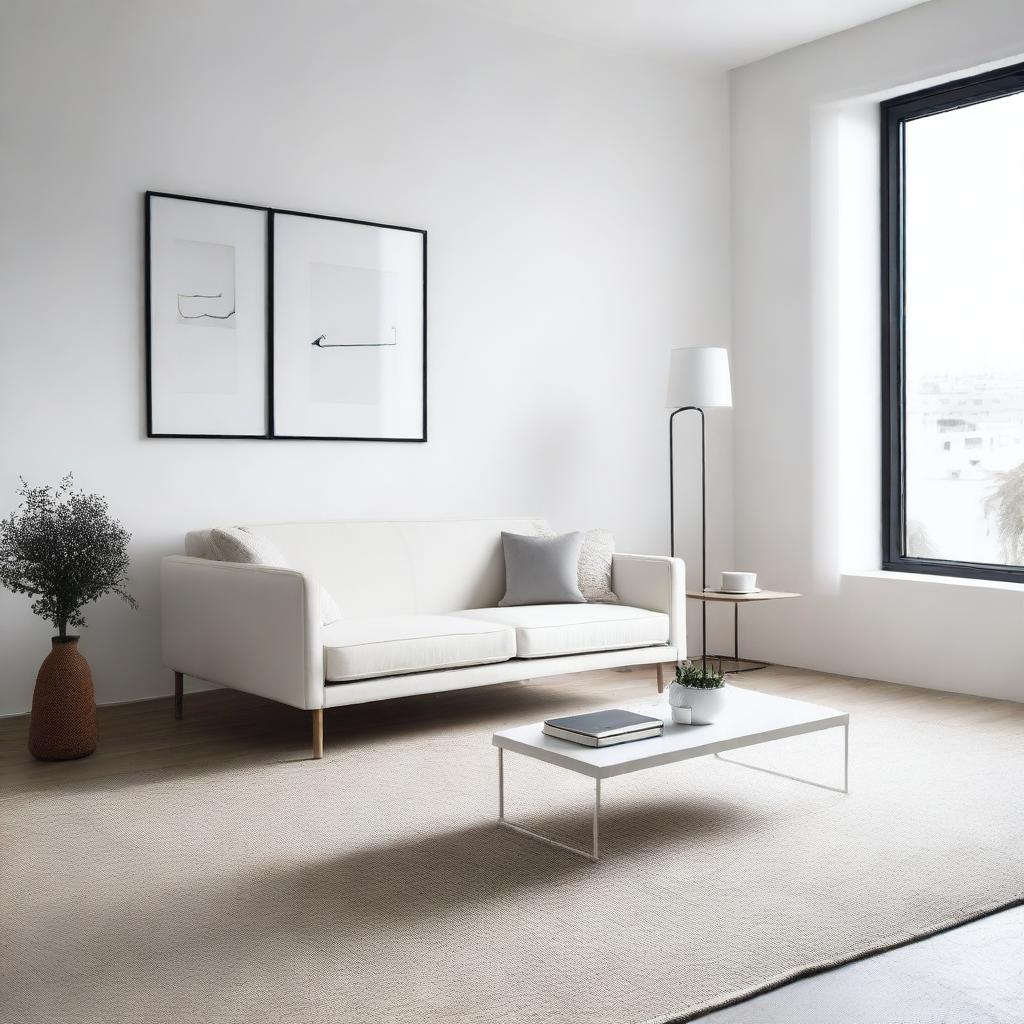 A beautifully redesigned minimalist room with white walls and simple, elegant furniture