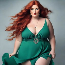 A gorgeous, plus-sized woman with emerald eyes and long, luscious red hair flowing down past her hips, reaching her ass