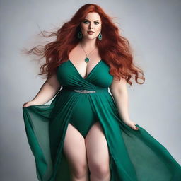 A gorgeous, plus-sized woman with emerald eyes and long, luscious red hair flowing down past her hips, reaching her ass