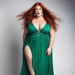 A gorgeous, plus-sized woman with emerald eyes and long, luscious red hair flowing down past her hips, reaching her ass