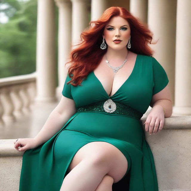 A gorgeous, plus-sized woman with emerald eyes and long, luscious red hair flowing down past her hips, reaching her knees