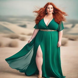 A gorgeous, plus-sized woman with emerald eyes and long, luscious red hair flowing down past her hips, reaching her knees