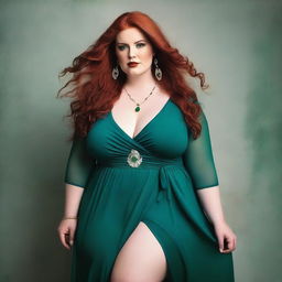 A gorgeous, plus-sized woman with emerald eyes and long, luscious red hair flowing down past her hips, reaching her knees