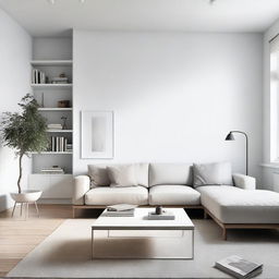 A beautifully redesigned minimalist room with white walls and the same furniture