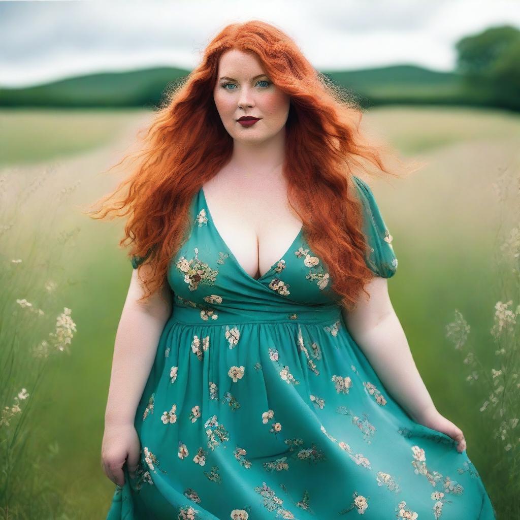 A beautiful, plus-sized woman with emerald eyes and extremely long, luscious red hair flowing down past her knees