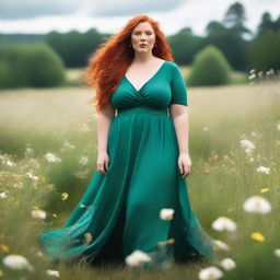 A beautiful, plus-sized woman with emerald eyes and extremely long, luscious red hair flowing down past her knees