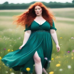 A beautiful, plus-sized woman with emerald eyes and extremely long, luscious red hair flowing down past her knees