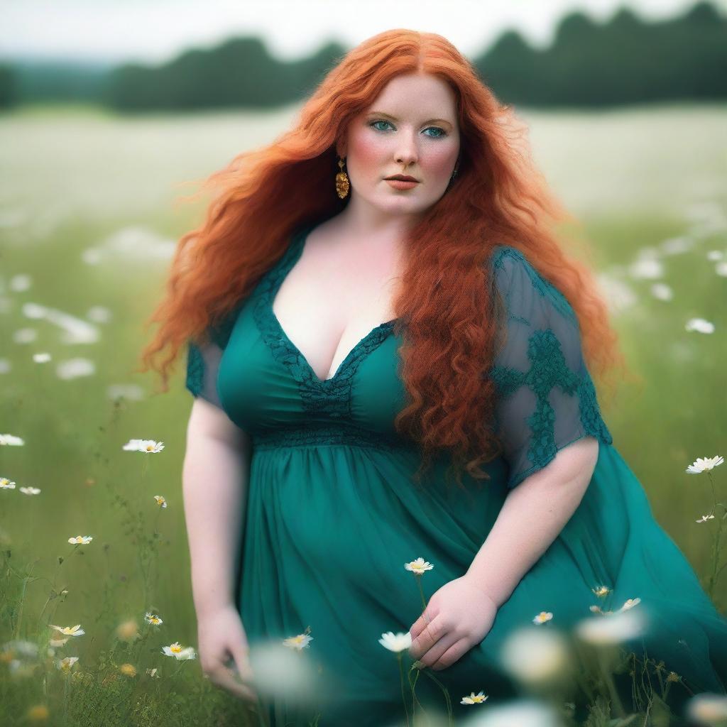 A beautiful, plus-sized woman with emerald eyes and extremely long, luscious red hair flowing down past her knees