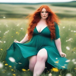 A beautiful, plus-sized woman with emerald eyes and extremely long, luscious red hair flowing down past her knees