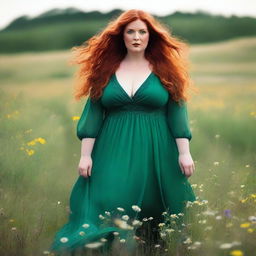 A beautiful, plus-sized woman with emerald eyes and extremely long, luscious red hair flowing down past her knees