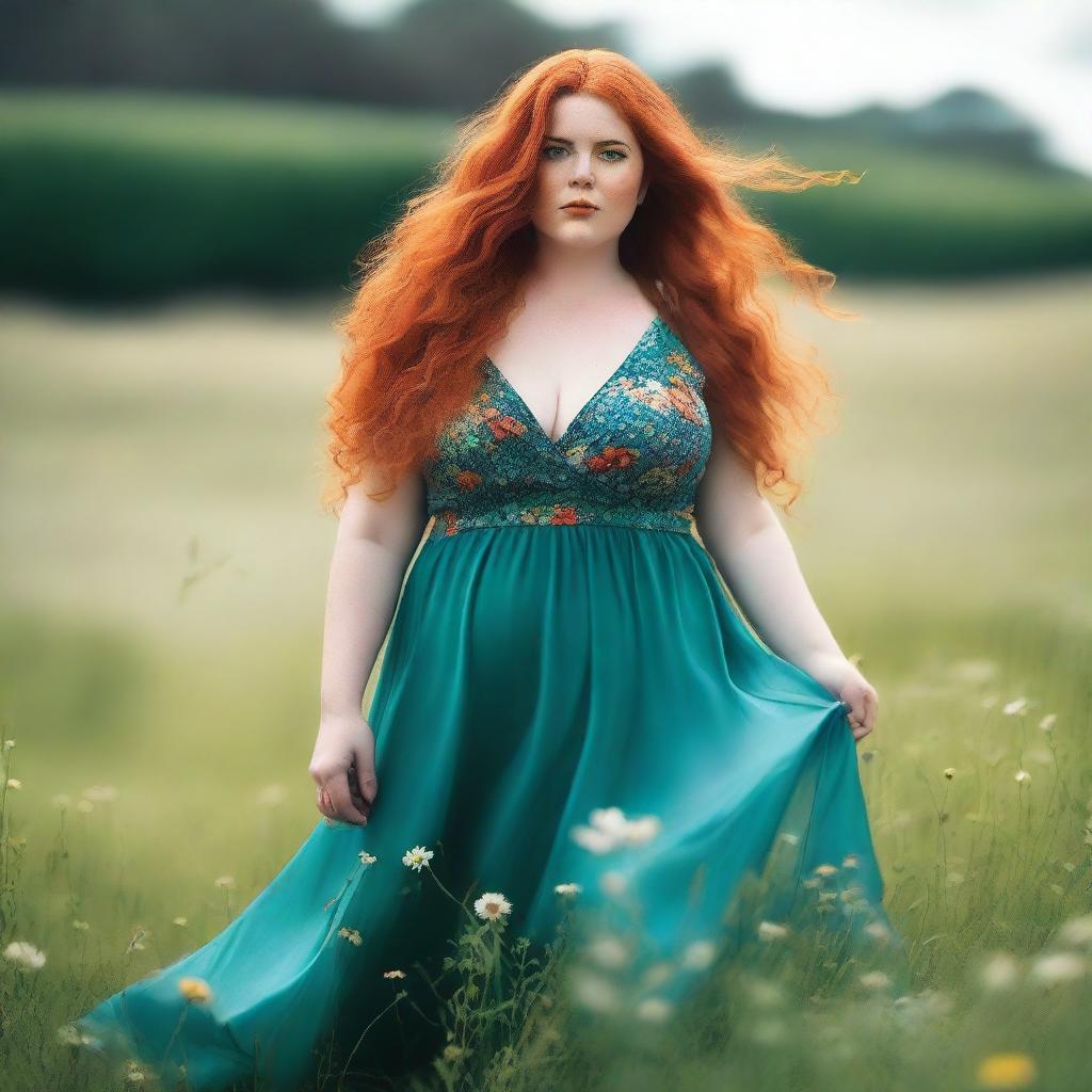 A beautiful, plus-sized woman with emerald eyes and extremely long, luscious red hair flowing down past her knees