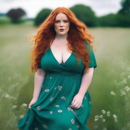 A beautiful, plus-sized woman with emerald eyes and extremely long, luscious red hair flowing down past her knees