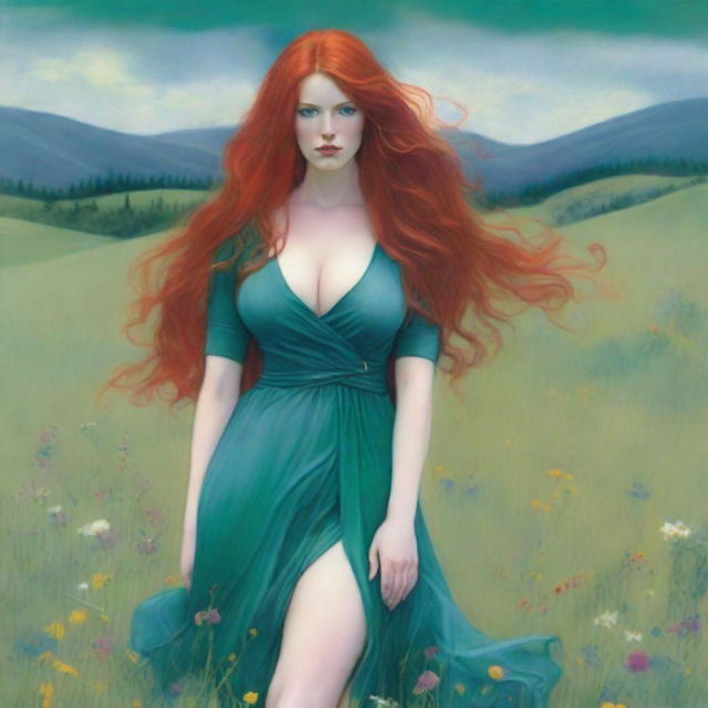 A voluptuous woman with emerald eyes and extremely long, luscious red hair flowing down past her knees