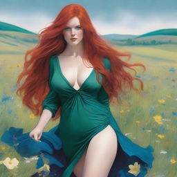 A voluptuous woman with emerald eyes and extremely long, luscious red hair flowing down past her knees