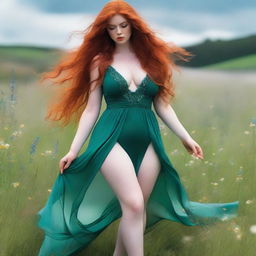 A voluptuous woman with emerald eyes and extremely long, luscious red hair flowing down past her knees