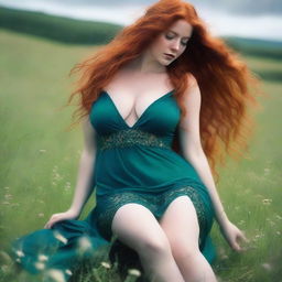 A voluptuous woman with emerald eyes and extremely long, luscious red hair flowing down past her knees