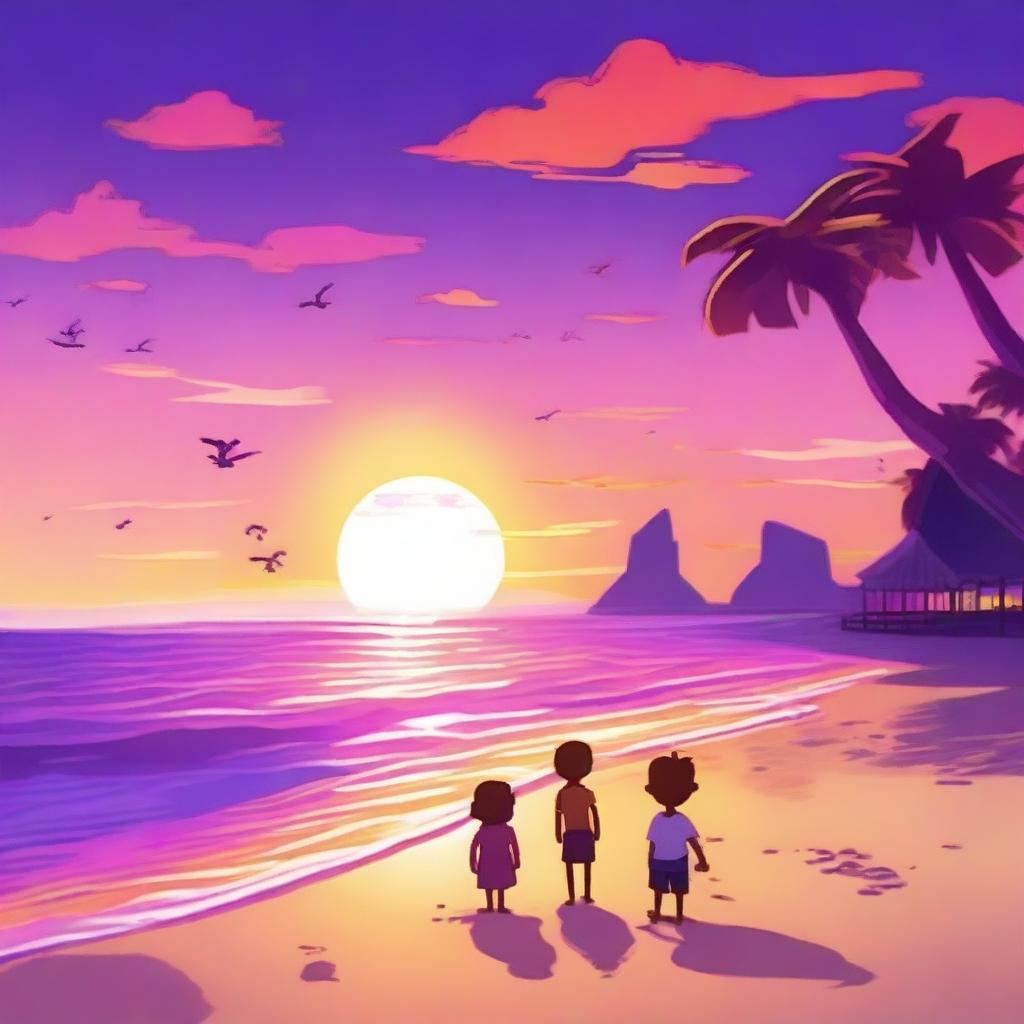 A beautiful neo sunset next to a beach featuring animated characters