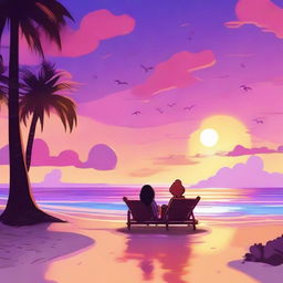 A beautiful neo sunset next to a beach featuring animated characters