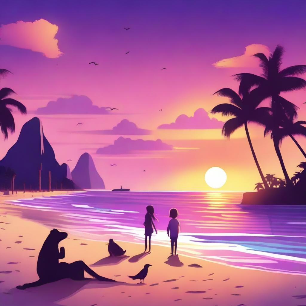 A beautiful neo sunset next to a beach featuring animated characters