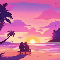 A beautiful neo sunset next to a beach featuring animated characters