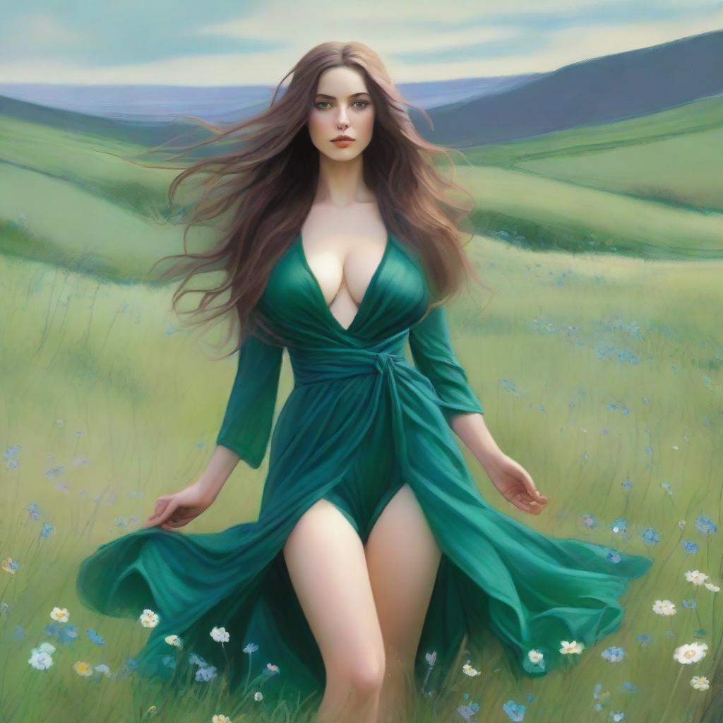 A voluptuous woman with emerald eyes and extremely long, flowing hair that reaches down past her knees