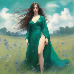 A voluptuous woman with emerald eyes and extremely long, flowing hair that reaches down past her knees