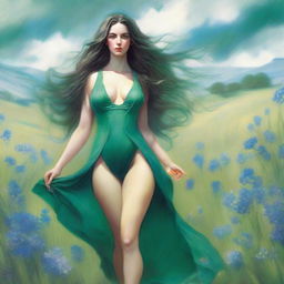 A voluptuous woman with emerald eyes and extremely long, flowing hair that reaches down past her knees