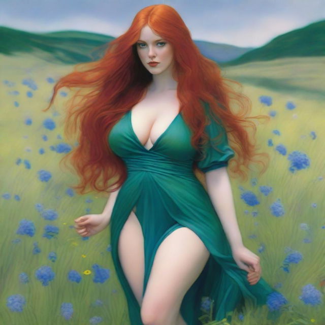 A voluptuous woman with emerald eyes and extremely long, luscious red hair flowing down past her knees