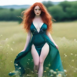 A voluptuous woman with emerald eyes and extremely long, luscious red hair flowing down past her knees